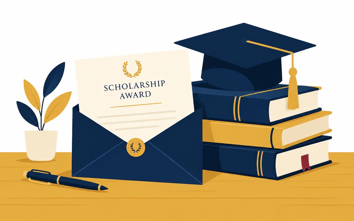 Illustration of a scholarship award letter, graduation cap and stack of books