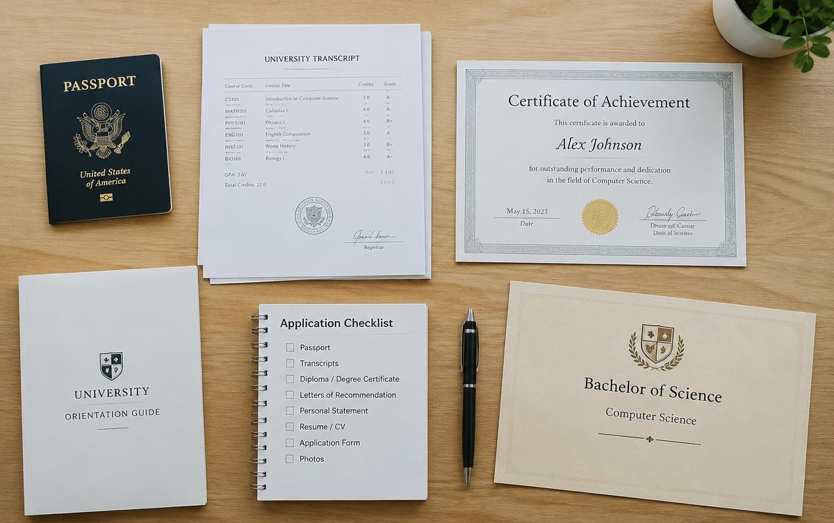 Passport, transcripts, certificates and an application checklist arranged on a wooden desk