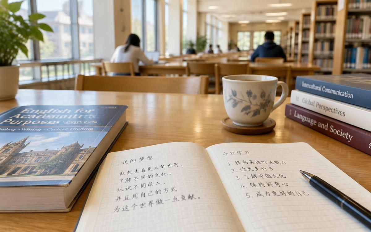 Notebook with handwritten Chinese characters beside an English textbook in a university library